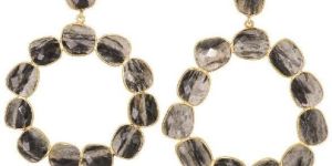 Black Dot Quartz Gemstone Gold Plated Stud Earrings