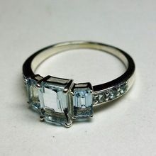 Emerald Cut Aquamarine Studded Sterling Silver Ring