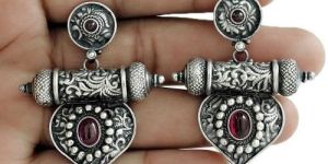 Antique Look 925 Oxidized Sterling Silver Ruby Gemstone Earring Traditional Jewelry