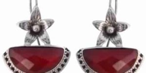 925 STERLING SILVER RED ONYX FLOWER DESIGN HAND CRAFTED WOMEN\\\'S EARRINGS