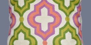CREWEL WOOL EMBROIDERED CUSHION PILLOW COVER, PINK AND GREEN