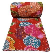 COVERLET FLOWER PRINTED RED COLOR KANTHA QUILT