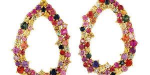 Yellow Gold Multi Sapphire Women Stud Earring