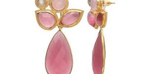 Beautiful Pink Monalisa Gemstone 925 Sterling Silver Gold Plated Earring