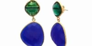 Blue Chalcedony and Hydro Emrald Gold Plated Earring