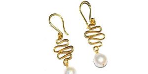Gold Plated Wire Style And Pearl Dangle Brass Earring