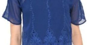 Blue Embroidered Semi Transparent Top