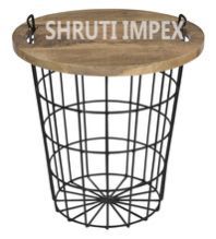 Industrial Coffee Table with Wooden Top and Iron Basket Table