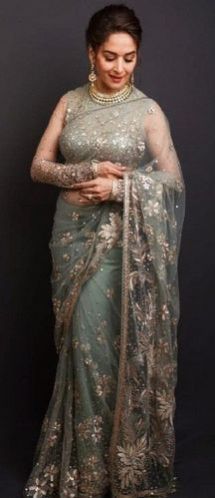 Madhuri Dixit Style Pista Colour Party Wear Sarees