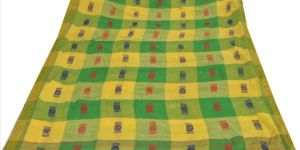 Sanskriti vintage 100% pure cotton saree green woven printed sari dress fabric