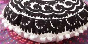 Round Black Color Suzani Embroidered Cushion Cover Decorative Pillow Cover