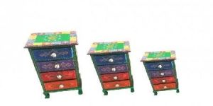 Wooden Bed Side Table with Draware Set of Three Painted