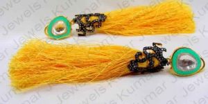 GORGEOUS MEENA WORK KUNDAN OXIDIZED CUBIC ZIRCONIA CARVED GOLD PLATED YELLOW LOTAN EARRINGS