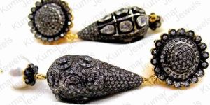 VICTORIAN OXIDIZED BLACK ENAMEL CUBIC ZIRCONS PEARL POLKI STONES STUDDED LONG DANGLE EARRINGS