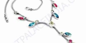 Pretty Blue and White and Pink Zirconia Gemstone Silver Necklace