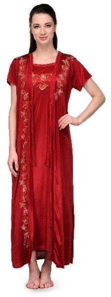 Go Glam Satin Maroon Embroidered 2pc Nighty Set