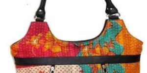 KANTHA FABRIC HAND BAG WITH LEATHER HANDLE