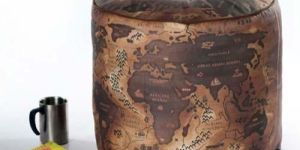 VINTAGE GLOBE PRINTED CANVAS ROUND POUF