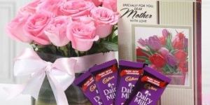 Combo of Pink Roses with Cadbury Dairy Milk And Greeting Card