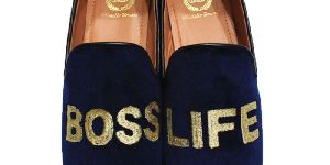 Faux Leather Golden Thread Navy Slip Ons