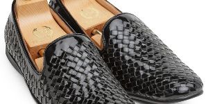Patent Black Woven Moccasins