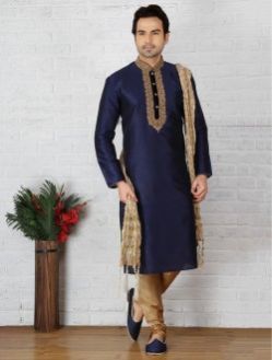 Neavy BLue Art Silk Festival Wear Embroidery Work Sherwani