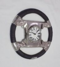 Metal Steering Wheel Black Leather Coated Decorative Analog Wall Clock