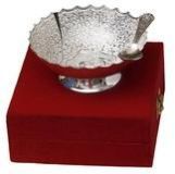 Brass Bowl Set with Spoon Silver Plated with Velvet Gift Box