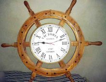 Brass Inlay Wood Nautical Style Ship Wheel Clock, Victoria Station Ship Wall Clock