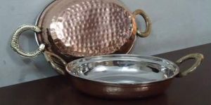 COPPER STEEL OVAL PORTION DISH WITH BRASS HANDLE