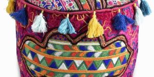 Velvet Embroidery Pouf Ottoman