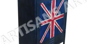 VINTAGE INDUSTRIAL COASTER ACCENT CABINET WITH BRITISH FLAG DESIGN