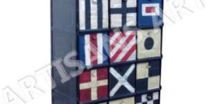 VINTAGE INDUSTRIAL IRON HAND FLAG PAINTED STORAGE CABINET