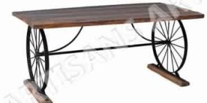 VINTAGE INDUSTRIAL RECYCLE WOOD METAL WIND WHEEL DINING TABLE