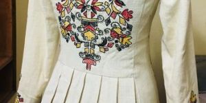 Thread and Hand Embroidered Beige Pleated Jacket