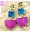 Eletcroplated Sky Blue Pink Natural Druzy with Leaf Top Earring