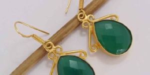 18k Gold Plated Green Onyx May Birthstone Drop Earrings