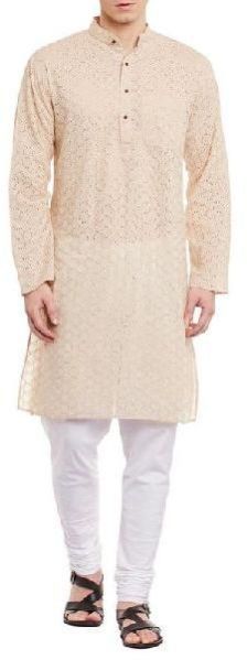 Mens Embroidered Cutwork Cotton Kurta with Churidar Pajama Trousers