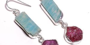 Beautiful 925 Sterling Silver Natural Amazonite Corundum Ruby Raw Gemstone Dangle Earrings Exporter