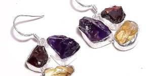 Impressive 925 Sterling Silver Natural Amethyst Garnet Raw Gemstone Dangle Earrings for Girls and Women's Distributor