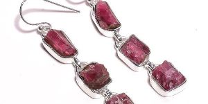 925 Sterling Silver Natural Pink Tourmaline Raw Gemstone Dangle Earrings Supplier