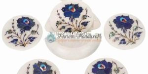 White Marble Coaster Set Lapis Semi Precious Inlay Kitchen Art Gift