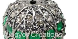 92.5 Solid Sterling Silver Pave Setted Pave Diamond Natural Emerald Bead Ball