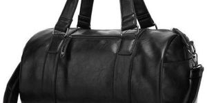 Black Plain Leather Gym Bag