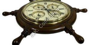 ANTIQUE WOODEN ART SHIP WHEEL WALL CLOCK