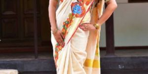 Handpainted Kerala Mural Design of Radha Krishna Tissue Saree