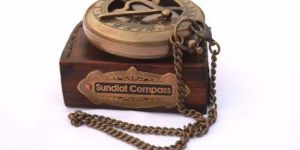 Brass Sundial Compass with Leather Case and Chain