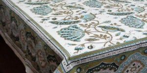 Waterlily Jade Olive Hand Block Printed Tablecloth
