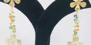 Gold Plated Multi Stone Long Drop Earring with Cross Charm