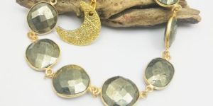 Gold Plated Pyrite Bezel Set Bracelet with Half Moon Charms